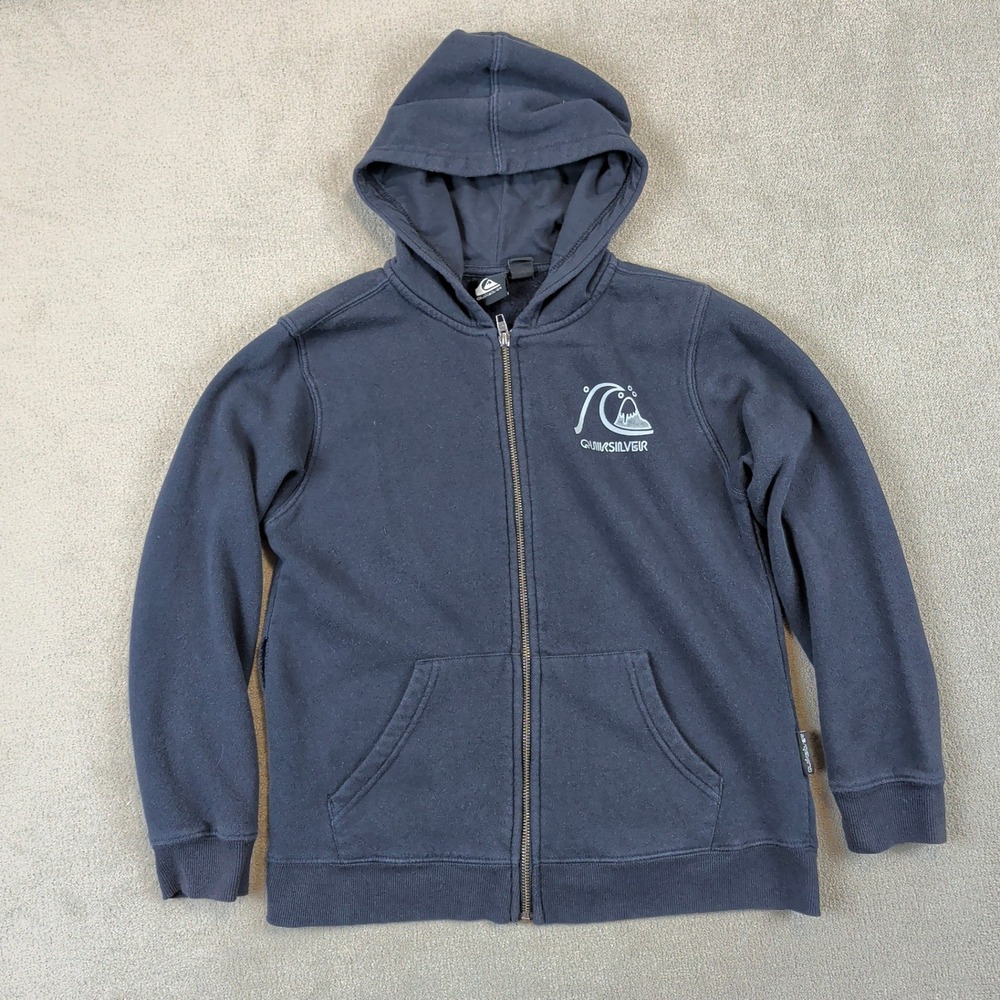 Quiksilver Hoodie Boys Medium M Navy Blue Full Zip Graphic Surf Sweatshirt Logo